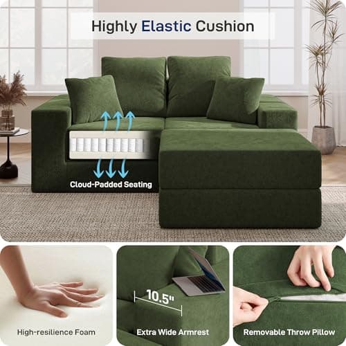 Cloud Modular Sectional Sofa, Comfy Boneless Couch for Living Room, Modern L-Shaped Couch with Reversible Chaise, Customizable Sleeper Sofa with Non Slip, No Assembly & Deep Seat, Green 7