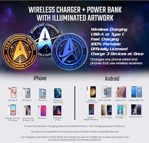 Star Trek Illuminating Wireless Charger with Built-in Backup Battery Pack for Wired and Wireless Charging. Portable Phone Charger with Starfleet Light-Up Logo – Star Trek Gifts for Fans 6