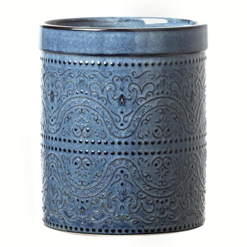 MIKIGEY Kitchen Utensil Holder, 7 Inches Large Ceramic Utensil Holder for Countertop, Lace Emboss Cooking Utensil Crocks for Kitchen, Home Decor, Reactive Blue