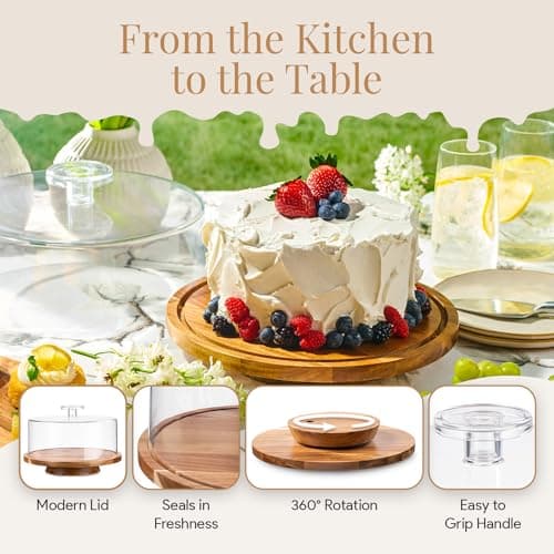 HOMESPHERE Rotating Cake Stand With Lid - 12 Inch Round Cake Holder with Cover, 4” Tall, Acacia Wood Spinning Cake Turntable for Decorating, Display and Serving Platter, Acrylic Cake Dome, No Glass 4