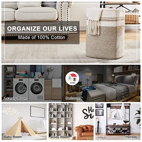 OIAHOMY Laundry Hamper-Laundry Basket,Tall Cotton Storage Basket with Handles,Decorative Blanket Basket for Living room,Collapsible Large Basket for Toys,Pillows,Clothes-16x13x22in-Yellow variegated 8