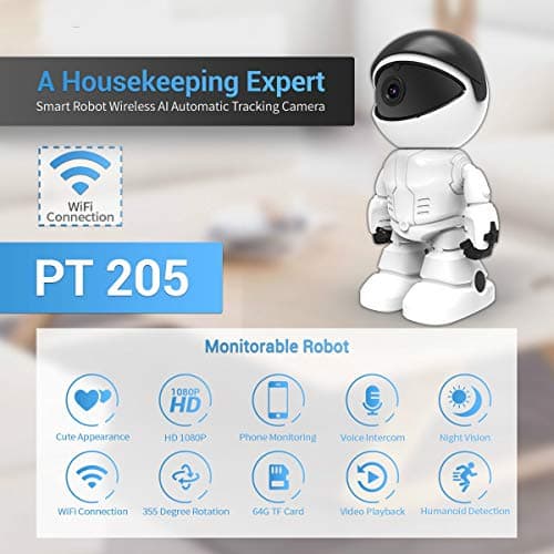 2MP 1080P HD 2.8MM Lens Security Robot Camera WiFi Wireless IR 10M Motion Detection Auto Tracking Built-in Microphone AI Humanoid Detection PTZ IP Camera Day/Night Vision 7