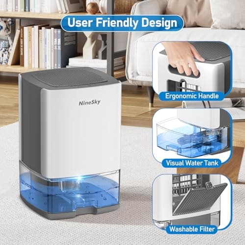 NineSky Dehumidifier for Home, 35oz Water Tank (300 sq.ft), Small Dehumidifiers for Bathroom, Bedroom, Basement with 7 Colorful Lights, Auto Shut Off, White Gray 5
