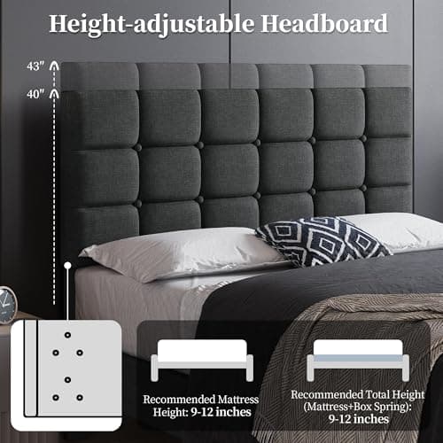 Yaheetech Upholstered Bed Frame, Modern Full Bed Platform with Square Stitched&Button Tufting Headboard Height Adjustable, Wooden Slats Support, No Box Spring Needed, Full Size, Dark Gray 5