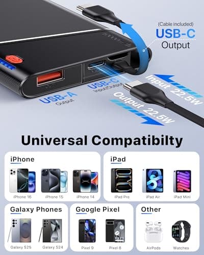 Aaoyun Portable Charger Power Bank, 10000mAh 22.5W PD Fast Charging Powerbank with Built-in USB C Cable, Slim External Phone Battery Pack for iPhone 17/16/15 Samsung S24 Android etc (Grey) 6