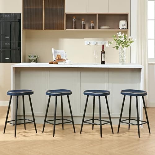 FIRAVOE Bar Stools Set of 2, Modern 24" Counter Height Bar Stools, Faux Leather Backless Saddle Stools for Kitchen Island (Navy Blue, 2 PCS 24'' Height) 8