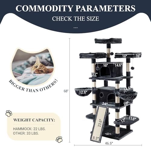 Allewie 68 Inches Cat Tree/House and Towers for Big Feline/Scratching Post/Multi-Level Large Kitty Climbing Tree with Condo/Smokey Grey 7