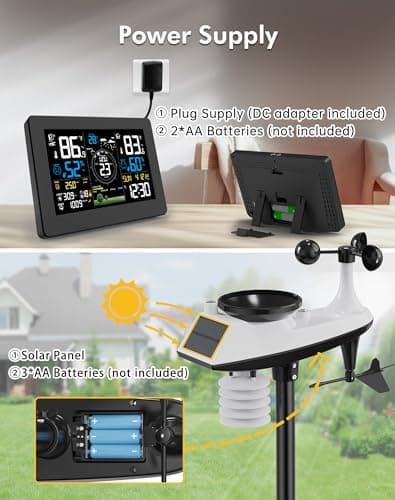 WiFi Weather Station Wireless Indoor Outdoor, Thermometer with Rain Gauge and Wind Speed/Direction, Large Display for Weather Forecast, Temperature, Humidity, Clock, Alarm, UV, Air Pressure, Black 7