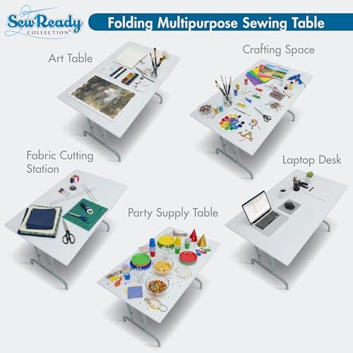 Sew Ready Folding Multipurpose Sewing Table - 47.5" W x 28" D Foldable White Hobby and Sewing Machine Table with Adjustable Shelf - Can Also Be Used as Computer Desk 4
