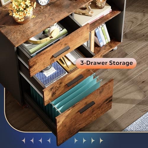 DEVAISE 3 Drawer Mobile File Cabinet, Wood Lateral Filing Cabinet, Printer Stand with Open Shelves for Home Office, Rustic Brown 5