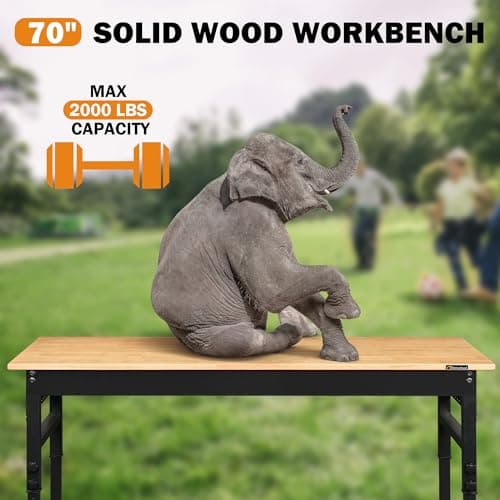 Betterhood 70" Adjustable Height Workbench, 2000 LBS Heavy Duty Work Table with Power Outlets & Pegboard, Rubber Wood Workstation for Garage, Workshop, Office, Home, Commercial 5