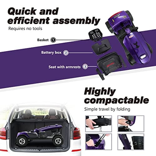 Metro Mobility - 2026 New 4 Wheel Outdoor Mobility Scooter - Adult Mobility Scooter 300 lbs Foldable - Battery - 12V20AH*2pcs, Max Range 16 Miles (Purple) 5