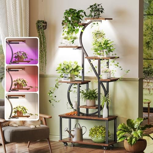PRAISUN 65 Inch Plant Stand with Grow Light, 9 Tiered Indoor Plant Shelf with Larger Flower Holder, Music Note-shaped Stand with Top Ring Hook , Corner Plant Rack for Living Room, Rustic Brown