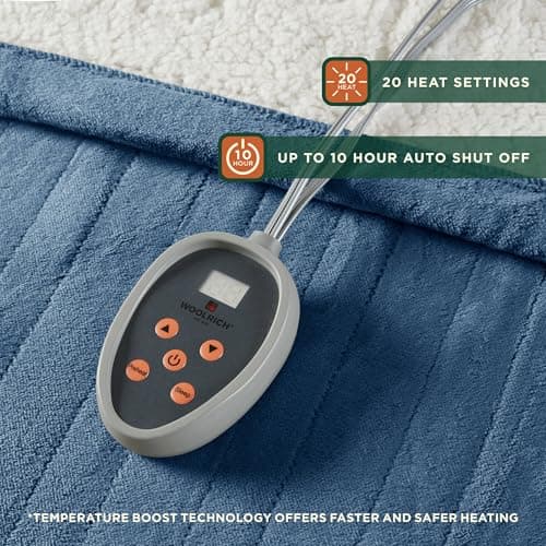 Woolrich Heated Plush to Berber Electric Blanket Throw Ultra Soft Knitted, Super Warm and Snuggly Cozy with Auto Shut Off and Multi Heat Level Setting Controllers, Full: 80x84, Sapphire 5