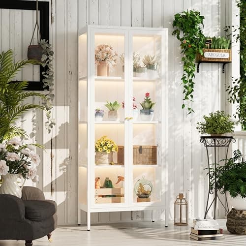 UNICOLY Display Cabinet with Glass Doors, Glass Display Cabinet with 3 Color LED Lights, Curio Display Cabinet with 3 Shelves for Living Room & Plant, Display Shelf, Assembly Required, White 8