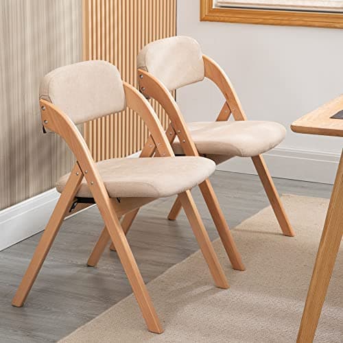 HOMEFUN Folding Chairs with Padded Seats, Wooden Stackable Dining Chair Set of 2 with Removable Cover Extra for Guests Kitchen Office Wedding Party Picnic, Khaki