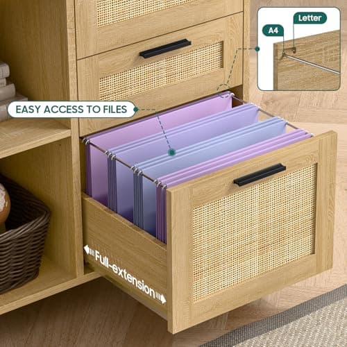 Vabches File Cabinet with Charging Station, 3 Drawer Lateral Mobile Rattan Filing Cabinet with Lock Wood Storage Organizer with Wheels Printer Stand with Open Shelves for Home Office 5