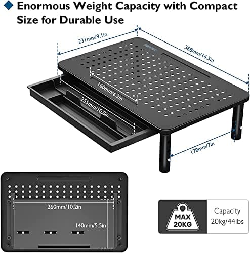 BONTEC 2 Pack Adjustable Monitor Stand Riser with Drawer, Ergonomic Mesh Platform Computer Monitor Stand for Desk, Ventilated Laptop and PC Stand with Cable Management, Supports up to 44lbs 5