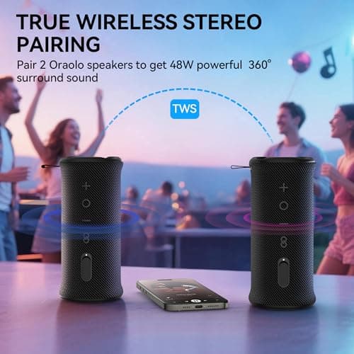 Oraolo Portable Bluetooth Speaker, Wireless Speakers with 24W Loud Stereo Sound, Bluetooth 6.0, RGB Lights, IPX6 Waterproof, Ture Wireless Pairing, 15H Playtime, Speaker for Home Beach Party 6