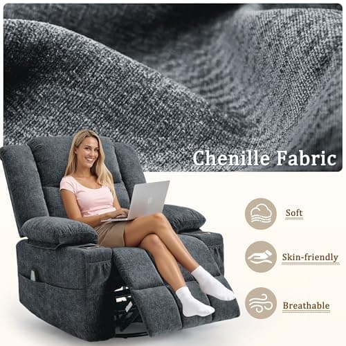 Korser 360° Swivel Rocker Recliner for Adults, Nursery Glider Recliner with Massage and Heating, Rocking Chair with Cup Holder, Manual Recliner Chair for Living Room, Bedroom (Fabric, Dark Gray) 7