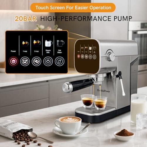 ChefAidPower Espresso Machine, 20 Bar, Milk Frother, 30oz Water Tank, Touchscreen, Stainless Steel 2