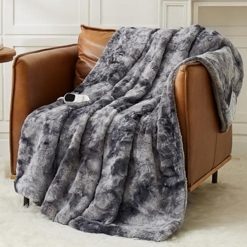 Homemate Heated Blanket Electric Throw - 50"x60" Heating Blanket Throw 1/2/4/6/8 Hours Auto-Off 10 Heat Levels Over-Heat Protection Luxury Faux Fur Sherpa ETL Certification