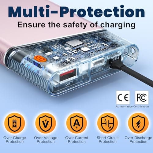 Aaoyun Portable Charger Power Bank, 10000mAh 22.5W PD Fast Charging Powerbank with Built-in USB C Cable, Slim External Phone Battery Pack for iPhone 17/16/15 Samsung S24 Android etc (Pink) 8