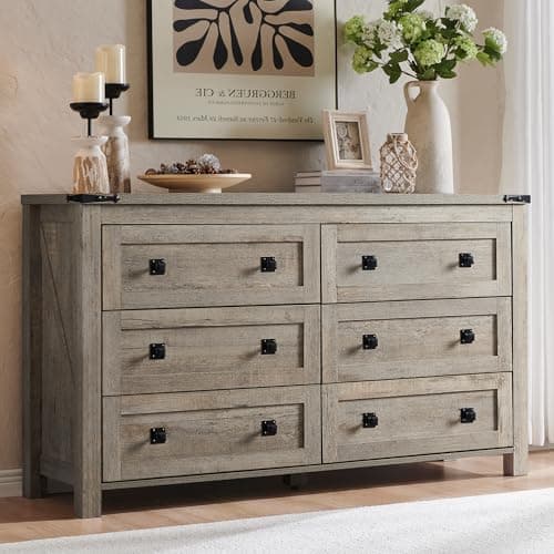 T4TREAM Farmhouse 6 Drawers Dresser for Bedroom, Wood Rustic Wide Chest of Drawers, Storage Dressers Organizer for Bedroom, Living Room, Hallway, Light Rustic Oak