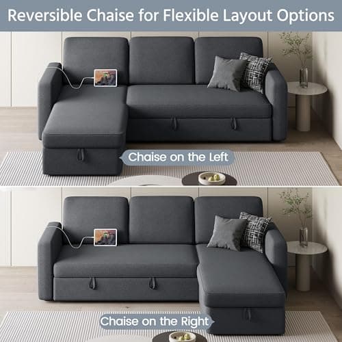 Yaheetech Sectional Sofa L-Shaped Sofa Couch Bed w/Chaise & USB, Reversible Couch Sleeper w/Pull Out Bed & Storage Space Living Room Dark Gray 6