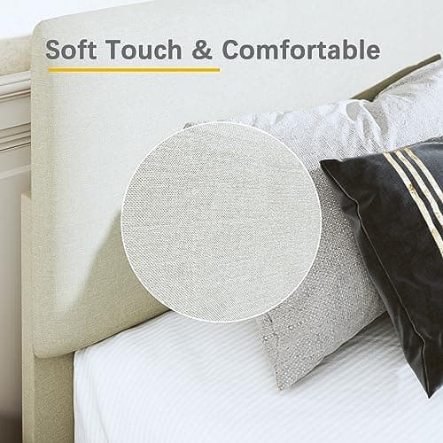 Fluest King Bed Frame Upholstered Bed Frame Platform with Adjustable Headboard Linen Fabric Headboard Wooden Slats Support/No Box Spring Needed/Easy Assembly/Mattress Foundation, Beige 7