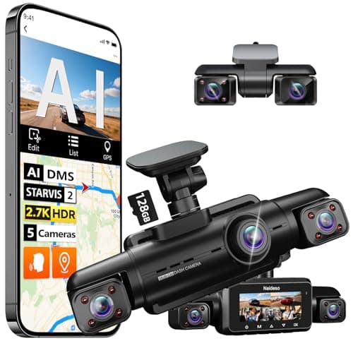 Neideso Dash Cam Front and Rear Inside, STARVIS 2 Sensor, Free 128G Card Included, 5 Channel 360° Dash Camera 2.7K 1944P/HDR, AI Fatigue Driving Monitor, 5G WiFi GPS, IR Night Vision, 24H Parking Mode