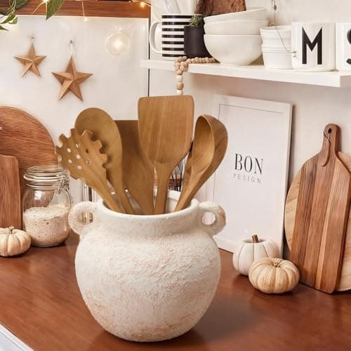 Qinyoung Rustic Kitchen Utensil Holder 6 Inch Small Ceramic Utensil Holder with Handle Vintage Crock Decoration Spatula Organizer for Kitchen Countertop Farmhouse Party Supplies(White,Elegant) 5