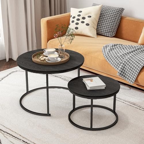 HOJINLINERO Round Coffee Table,Nesting Coffee Table Set of 2,Center Tables for Living Room,Office, Home Small Space,Stacking Side Tables,Sturdy and Easy Assembly,Wood Desktop,Black,Large