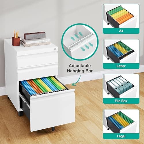 3 Drawer File Cabinet with Wheels,Under Desk File Cabinet with Lock,White Rolling Filing Cabinet,Three Drawer Metal Filing Cabinets for Home Office,Fit A4/Letter/Legal,Fully Assembled Except Casters 5