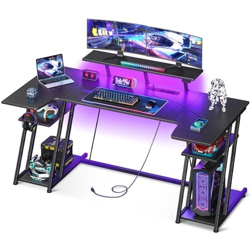 MOTPK U Shaped Gaming Desk with LED Lights, 60 Inch PC Desk with Storage Shelves, Monitor Stand & Headphone Hook, Carbon Fiber Texture, Black