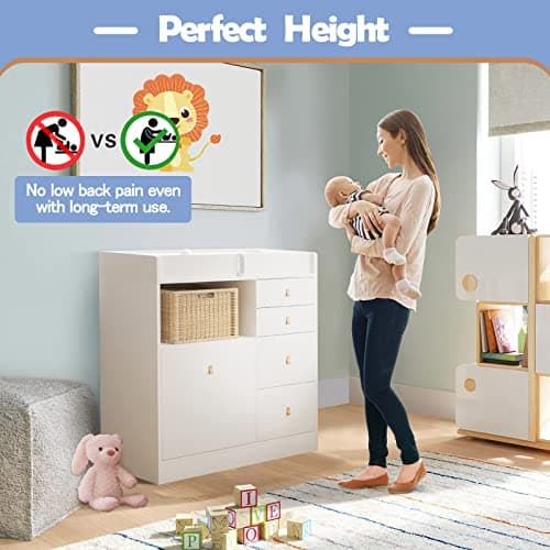 Timechee Baby Dresser Changing Table, Modern Nursery Dresser with Drawers, Storage Shelves, Diaper Changing Station for Nursery Room,Bedroom,Kids Room (White) 5