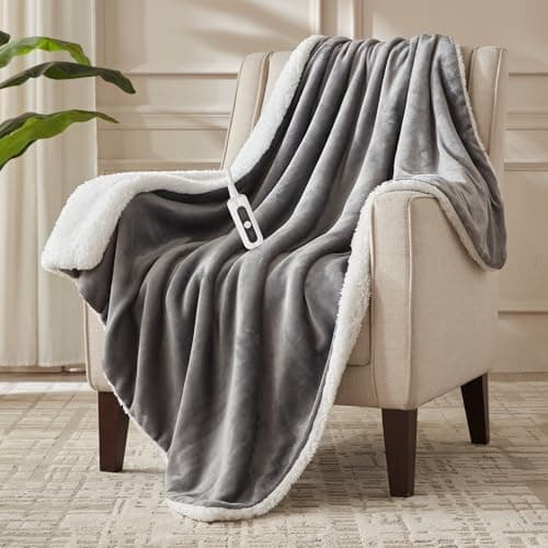 SNUGSUN Heated Blanket Throw Size, Soft and Cozy Electric Heating Blanket for Bed, Automatic Safety System 6 Heating Levels & 4 Hours Auto-Off Gift for Grandma,50" x 60" London Grey
