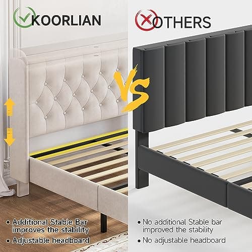 koorlian Queen Bed Frame with Headboard, Adjustable Velvet Upholstered Bed Frame with Type-C&USB Ports, Wingback Storage Headboard, Solid Wood Slats Support, No Box Spring Needed, Noiseless, Beige 5