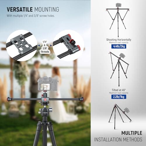 NEEWER 24in/60cm Carbon Fiber Camera Slider with 360° Ball Head/Phone Clamp/Action Camera Mount, Dolly Rail Track with 4 Bearings & Adjustable Legs, Compatible with GoPro Insta360 iPhone Android, CS2M 6