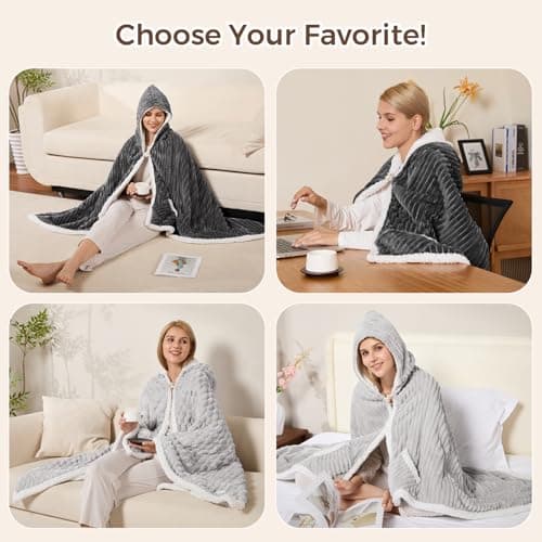 Electric Blanket Heated Throw, Soft Flannel & Sherpa Wearable Heated Blanket Hoodie, Heated Shawl Wraps for Gift with 6 Heating Levels & 12H Auto Off, ETL Certified, Home Office 40x70 Inch, Grey Plaid 7
