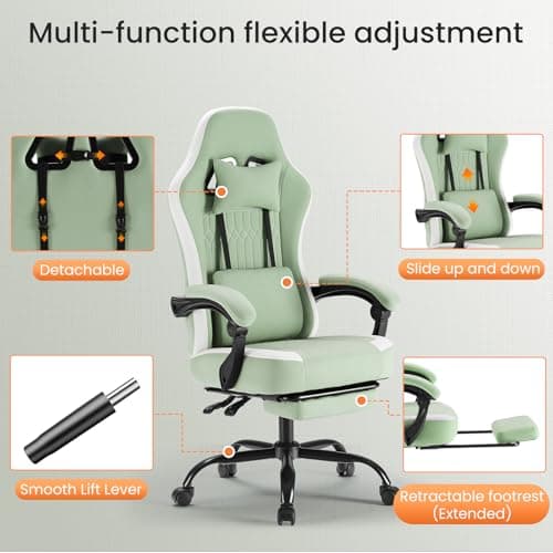 Sweetcrispy Computer Gaming Chair - High Back Ergonomic Desk Chair with Footrest and Lumbar Support, Height Adjustable Task Chair with Linkage Armrests and Headrest, 360° Swivel Wheels, Green 9