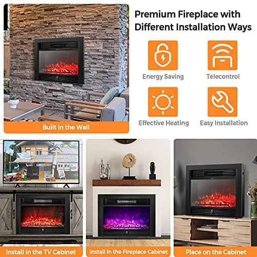 Giantex 28.5" Electric Fireplace Insert, Wall Recessed/Mounted, Freestanding Fireplace with Remote Control, 3 Color Adjustable Flames, 2 Modes Heat, 8 H Timer, 5 Brightness Settings, 750/1500W Heater 10