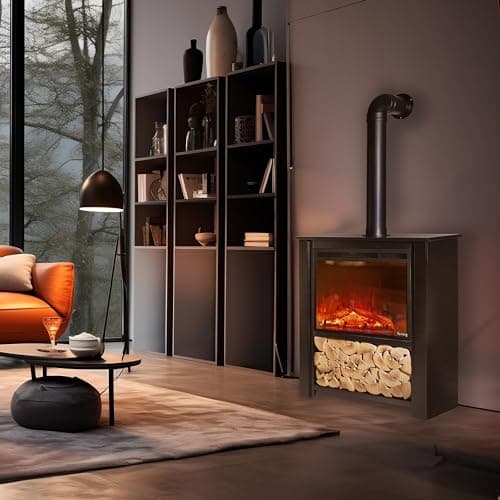 e-Flame USA Innsbruck Electric LED Fireplace Stove, Décor Chimney Flue and Wood, 32" Wide x 38" Tall, Soot Black Finish, New 2024 7
