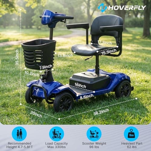 Hoverfly T4 Mobility Scooter for Seniors, Max 12.4-Mile Range & 3.7 mph, 3-Position Seat & Anti-slip Rear Wheel, Removed Battery&Quick Fold Design, Solid 9" Tire&330 lb Capacity, Ease of Assembly Blue 9