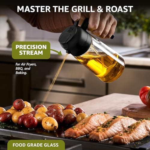 FineDine 16oz Olive Oil Sprayer for Cooking, 2 in 1 Olive Oil Dispenser Bottle for Kitchen, Air Fryer, Salad, BBQ & Baking – Dual Spray Mist & Stream, with Measurement Marks, Black 7