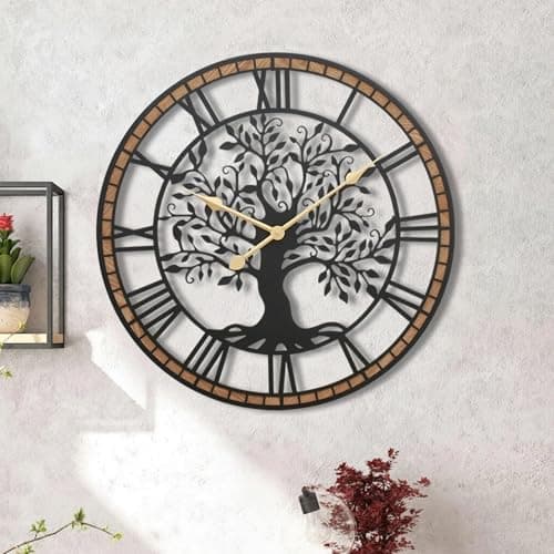 Micasso Farmhouse Large Wall Clock: 24Inch Rustic Tree of Life Metal with Wood Frame - Vintage Battery Operated Wall Clocks for Living Room/Office/Bedroom - Home Decor for Fashion-Conscious 6