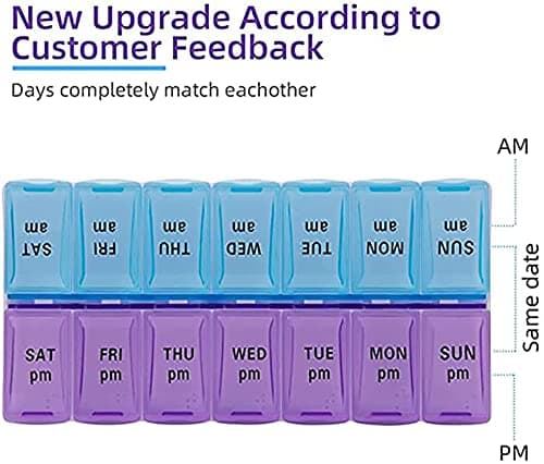 Weekly Pill Organizer 2 Times A Day 7 Day Pill Box Holder Large Daily Medicine Organizer Travel Pill Case Pill Container (2 Times Blue+Purple) 5