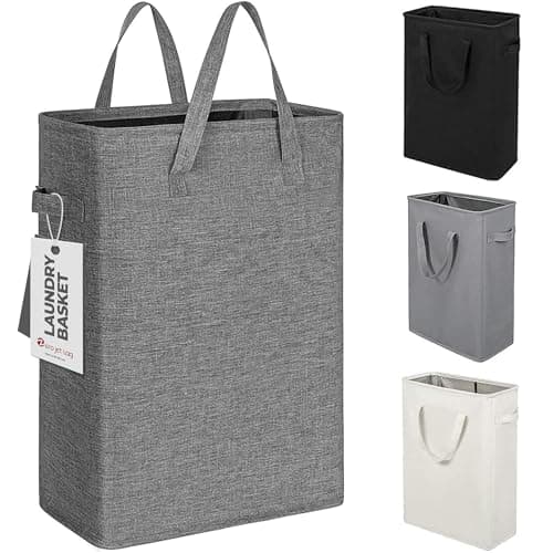 ZERO JET LAG Slim Laundry Hamper With Handles Collapsible Laundry Basket Thin Dirty Clothes Basket Narrow Laundry Bag Foldable Dirty Cloth Hamper 45L (23 inches,Dark Grey)