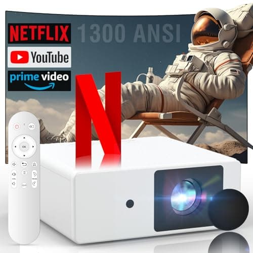 [1300 ANSI/Netflix Licensed/Dolby Audio] Projector with WiFi Bluetooth Portable Outdoor - 4K Smart Ceiling Projector with Built in Apps, Wireless Home Theater for Bedroom, 20% Zoom/500", HDMI/Phone/PC