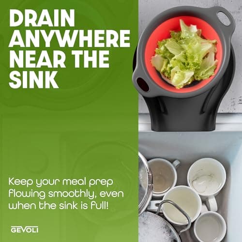 Gevoli Collapsible Colanders with Self-Draining Base for Edge of Sink, Food Strainers (Small/Med/Large), Nested Design for Easy Storage (Red, Blue, Green) (4PC Set) 7